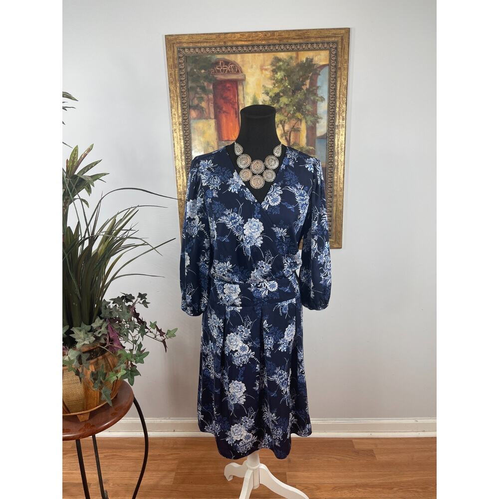 American Living Midi Dress Womens 12 Navy White Floral Romantic Classic Feminine